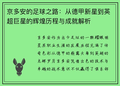 京多安的足球之路：从德甲新星到英超巨星的辉煌历程与成就解析