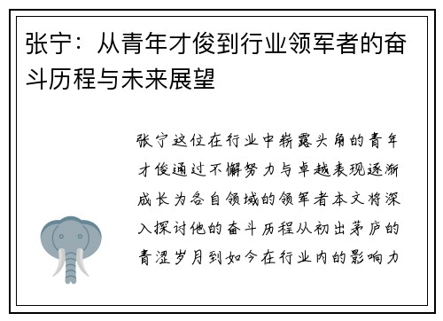张宁：从青年才俊到行业领军者的奋斗历程与未来展望
