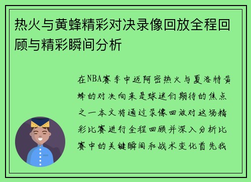 热火与黄蜂精彩对决录像回放全程回顾与精彩瞬间分析