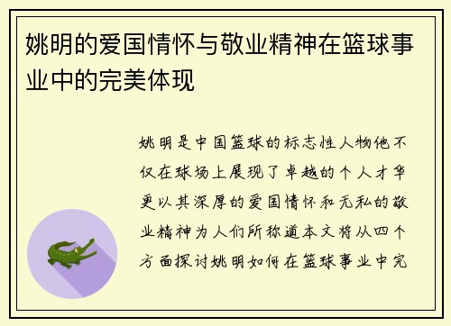 姚明的爱国情怀与敬业精神在篮球事业中的完美体现