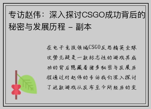 专访赵伟：深入探讨CSGO成功背后的秘密与发展历程 - 副本