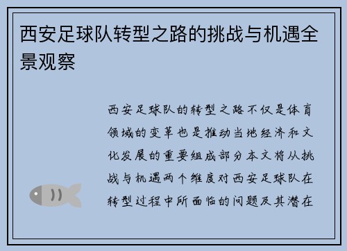 西安足球队转型之路的挑战与机遇全景观察