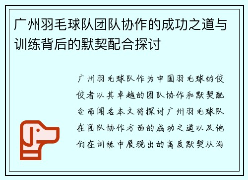 广州羽毛球队团队协作的成功之道与训练背后的默契配合探讨